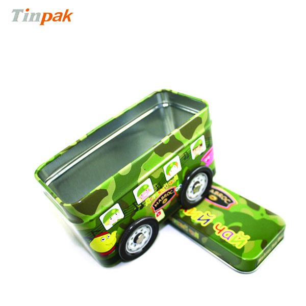 Rectangular bus shaped gift tin with wheels